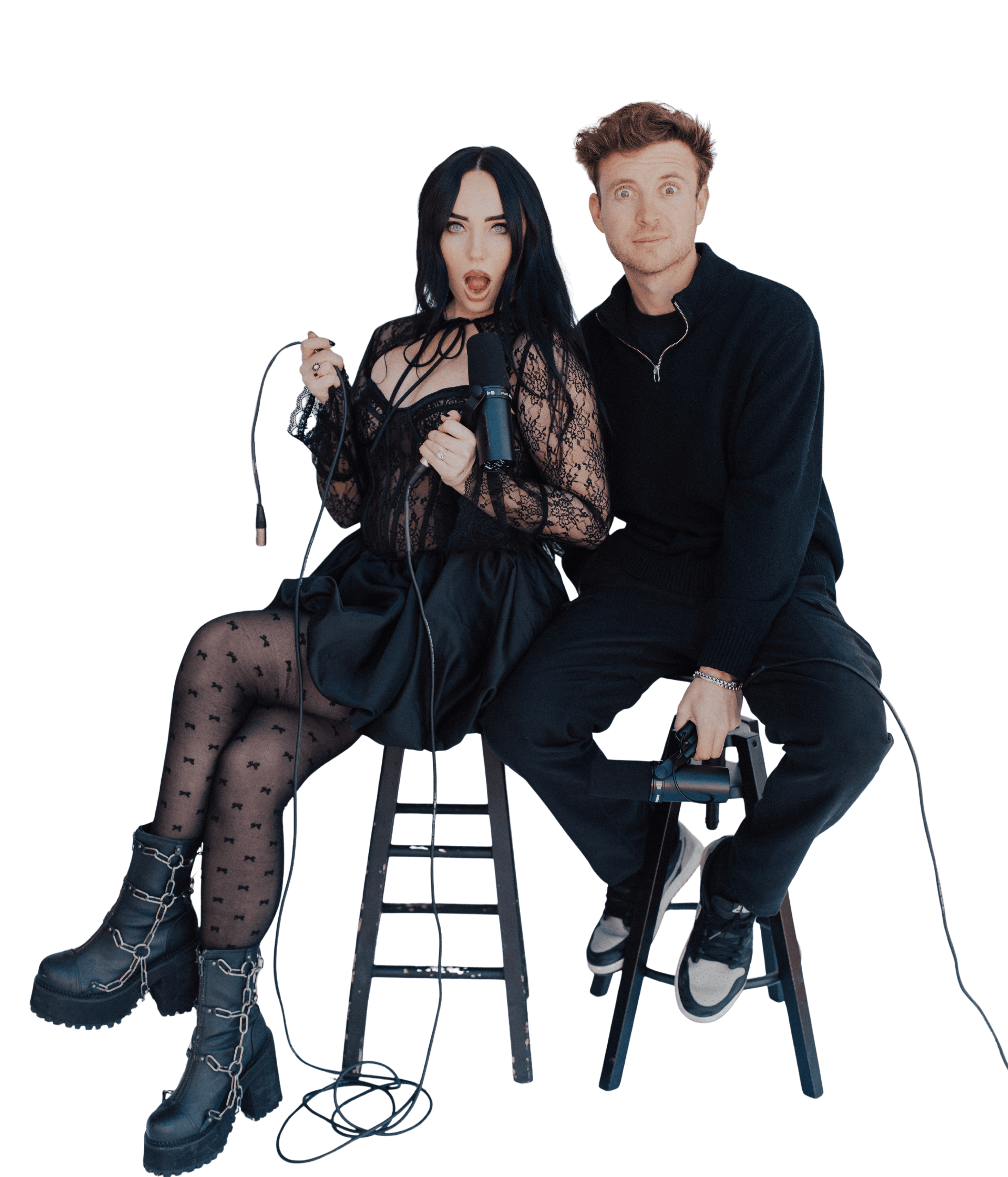 Payton and Garrett Moreland sitting together with microphones